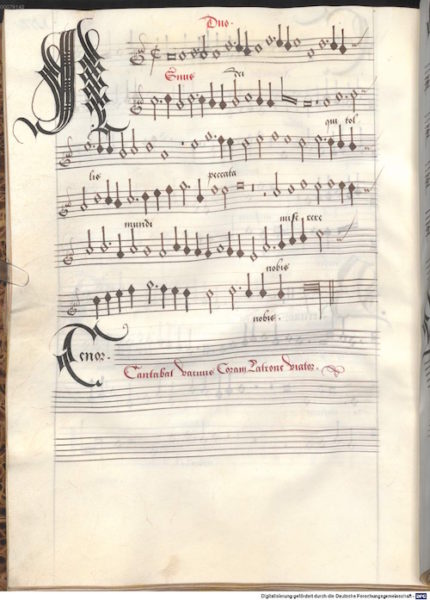 Example of a tacet inscription on Mathieu Gascone's Missa Myn Heert, Agnus II, T. Cantabat vacuus coam latrone viator (The traveller without goods sang in the highwayman's face), Munich F Manuscript - Petrus Alamire